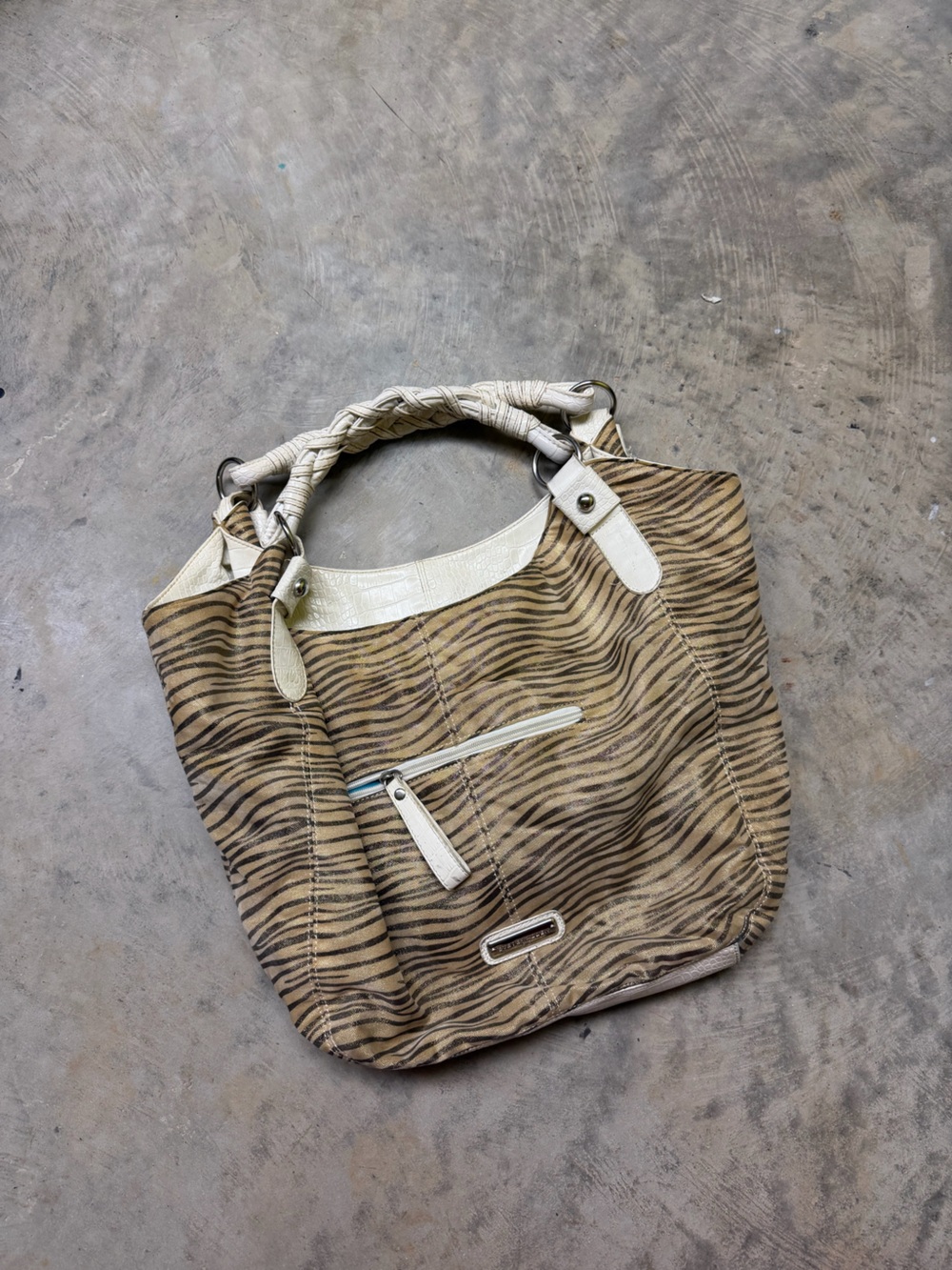 Steve Madden Brown Zebra-Print Hobo Bag with Cream Trim
